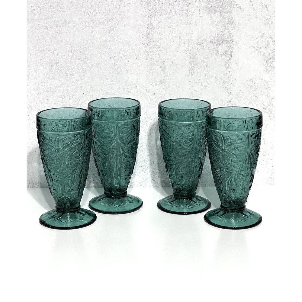 4 Tiara Indiana Glass Iced Tea Footed Tumbler Chantilly Sandwich Spruce Green